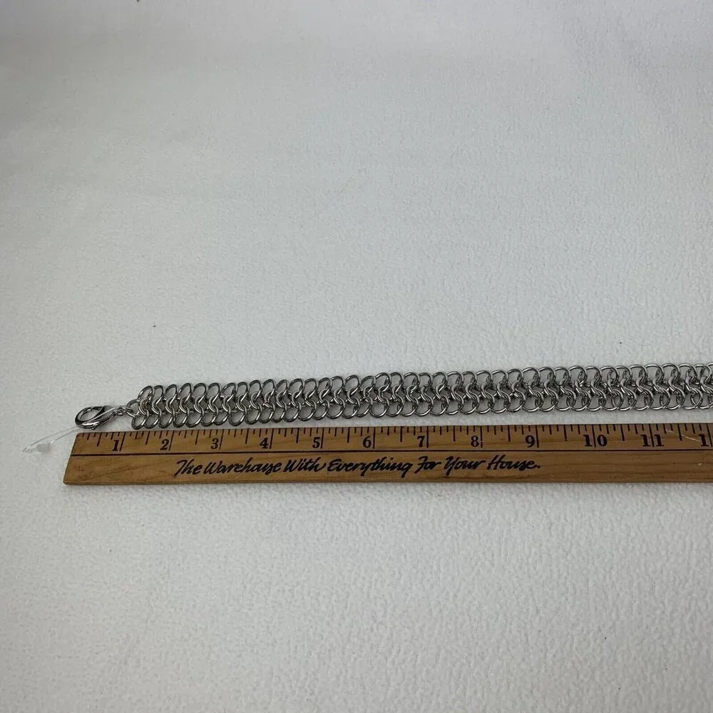 Cache Silver Heavy 3 Row Chain Statement Necklace 1” Wide New - Picture 6 of 9